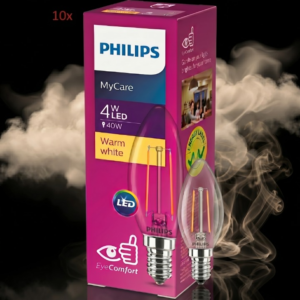 Philips Lot de 10 Lampes LED Classic 4-40W E14 B35 Filament bougie transparent Blanc chaud
